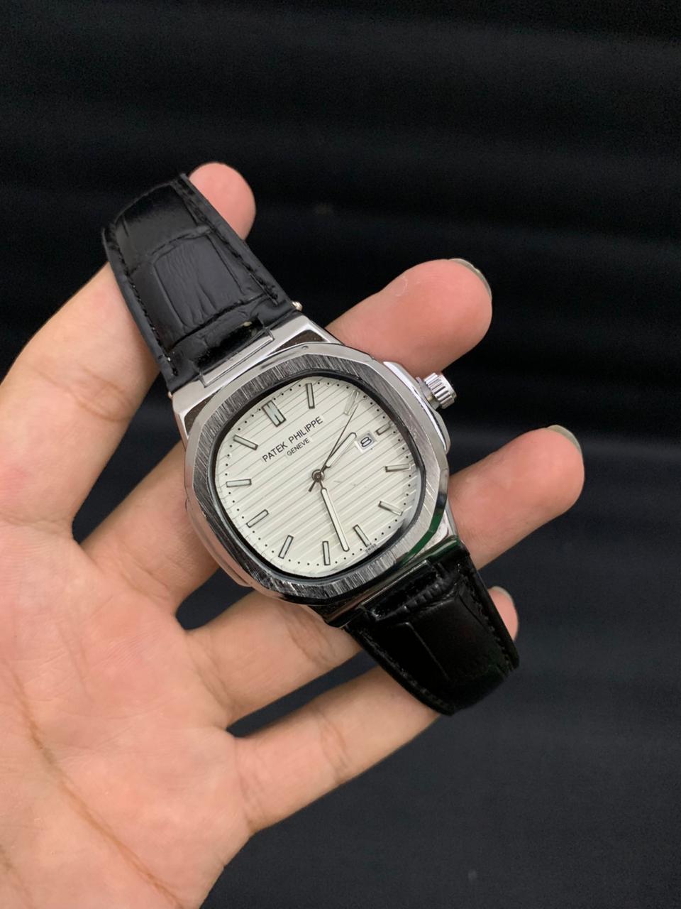 PP3 Black Leather Strap White Dials for Men In Pakstan